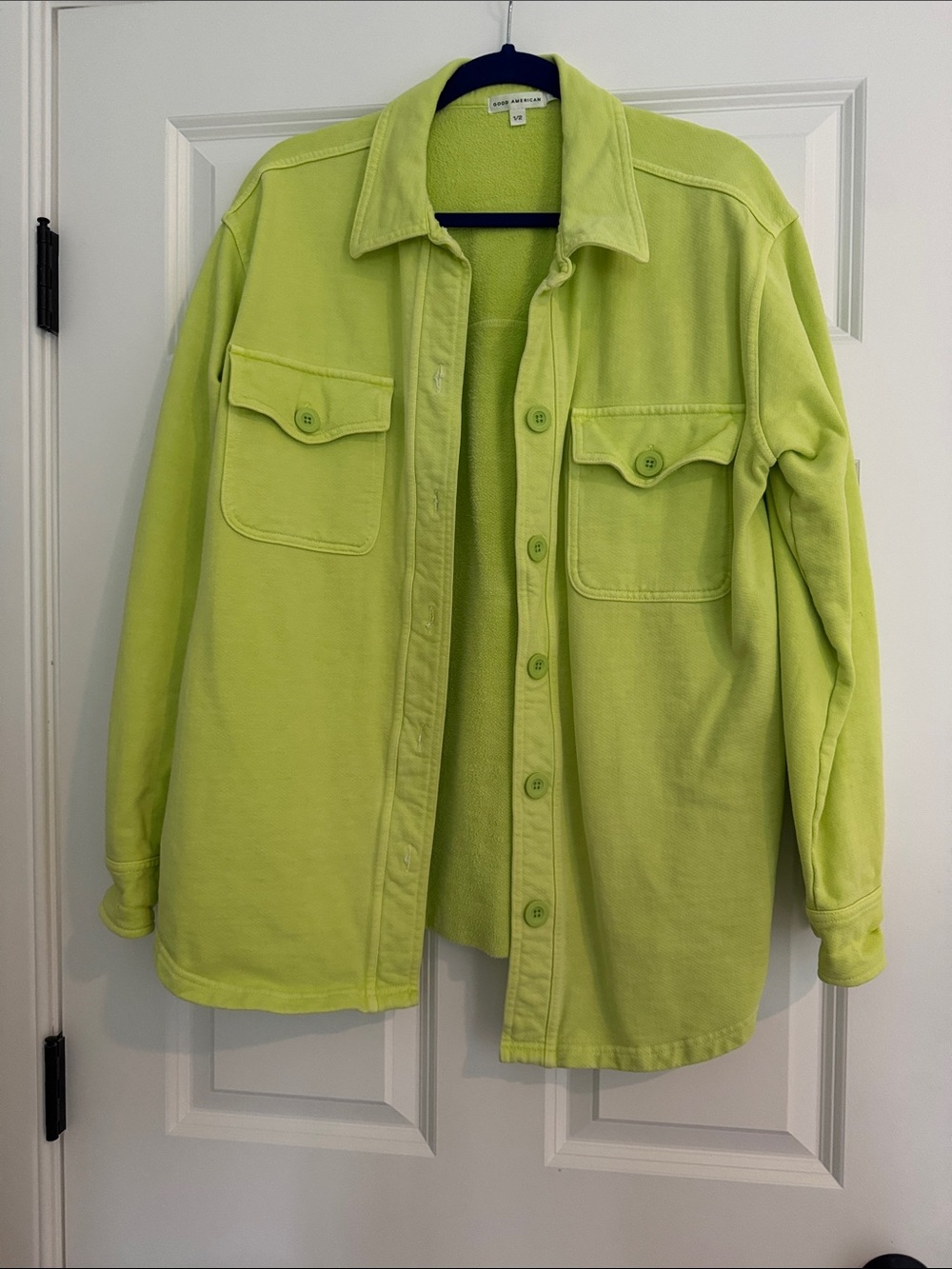 Good American Neon Lime Oversized Button-Up Sweatshirt Jacket